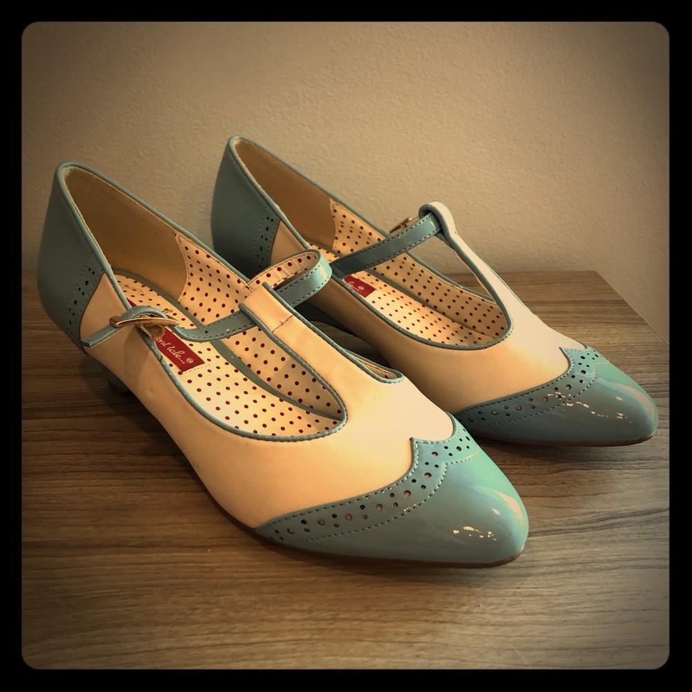 B.A.I.T. Ione Wingtip T-Strap Pumps in Pale Blue